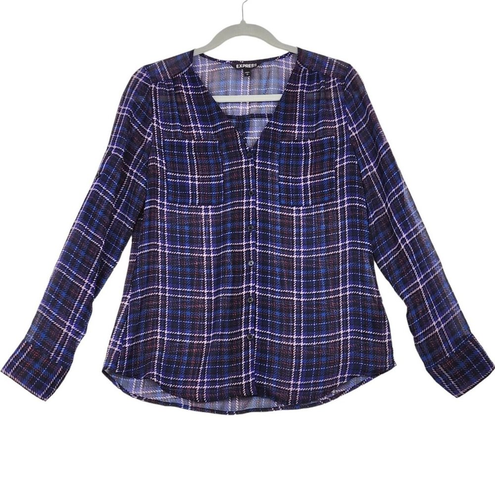Express Womens Sz S Sheer Top Blue Plaid Long Sleeve‎ V-Neck Button Front Blouse